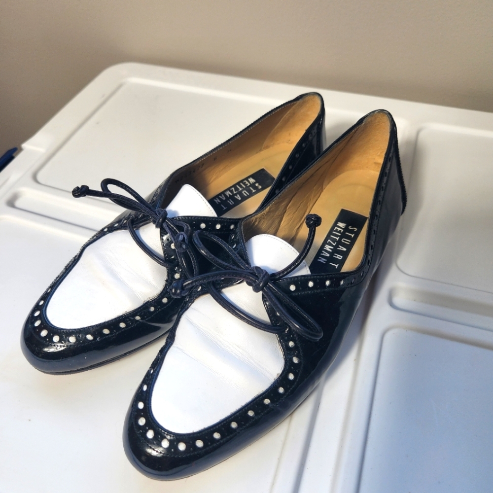 STUART WEITZMAN AUTH Vintage Women Black White Patent Leather Lace Up Oxford 6